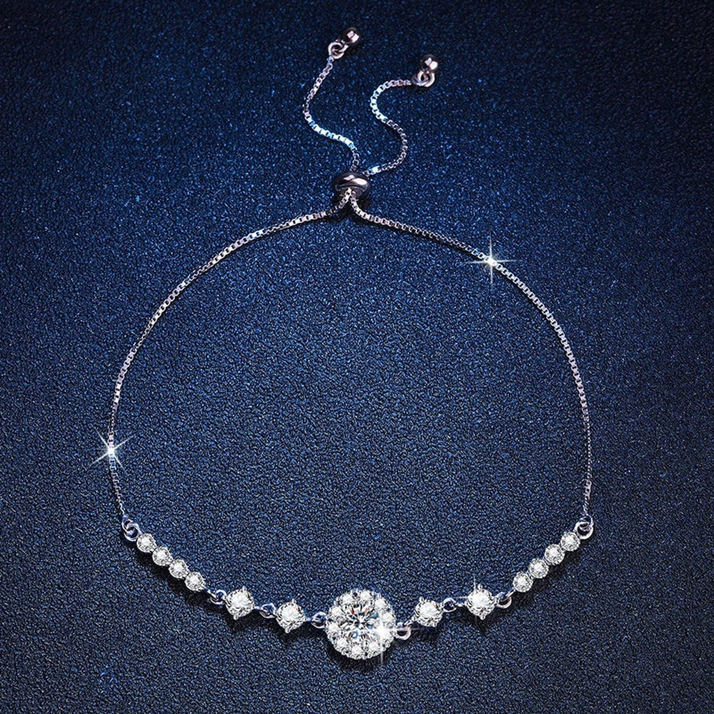 Clover Moissanite Chain Bracelet with CZ in White Gold-Plated S925 Sterling Silver blue display scene showing bracelet sparkle and chain detail