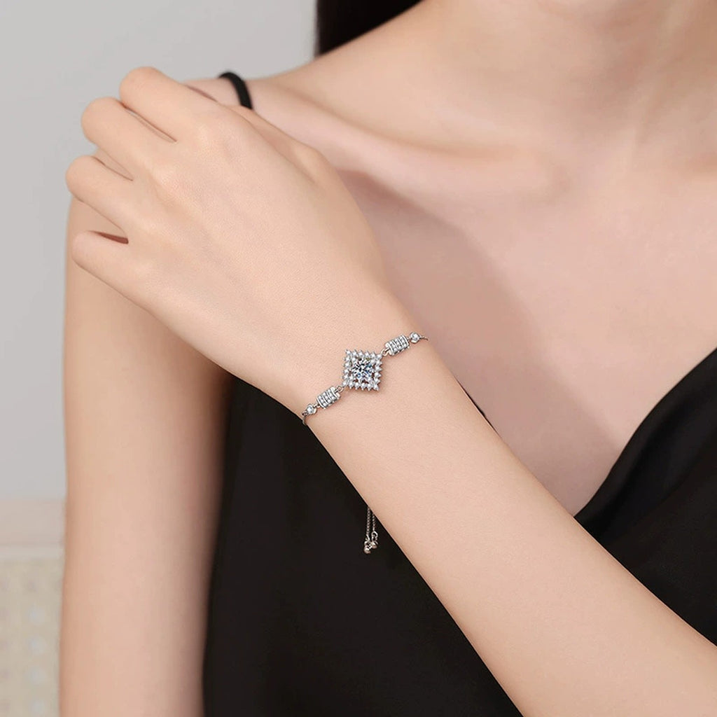Bow Moissanite Chain Bracelet with CZ in White Gold-Plated S925 Sterling Silver worn on wrist model view showing scale and fit