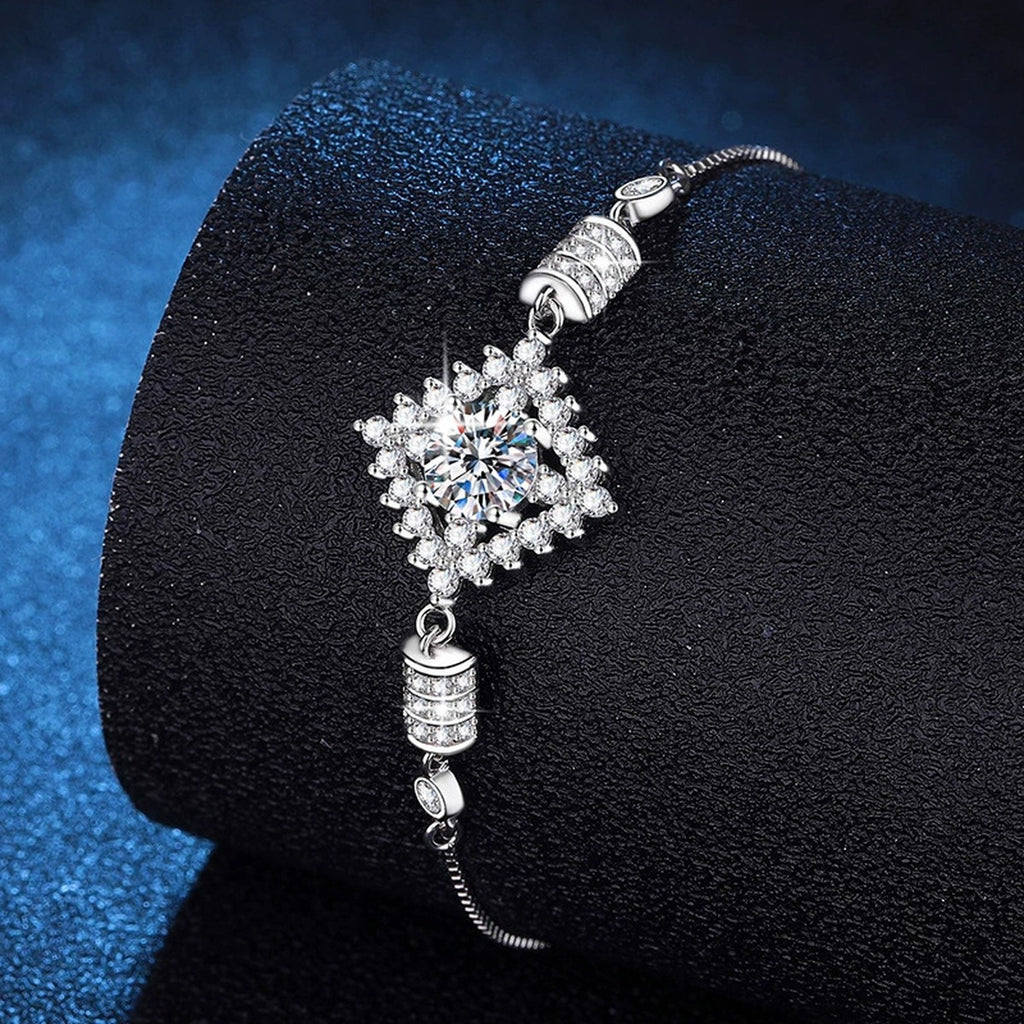 Bow Moissanite Chain Bracelet with CZ in White Gold-Plated S925 Sterling Silver blue display scene showing bracelet sparkle and chain detail