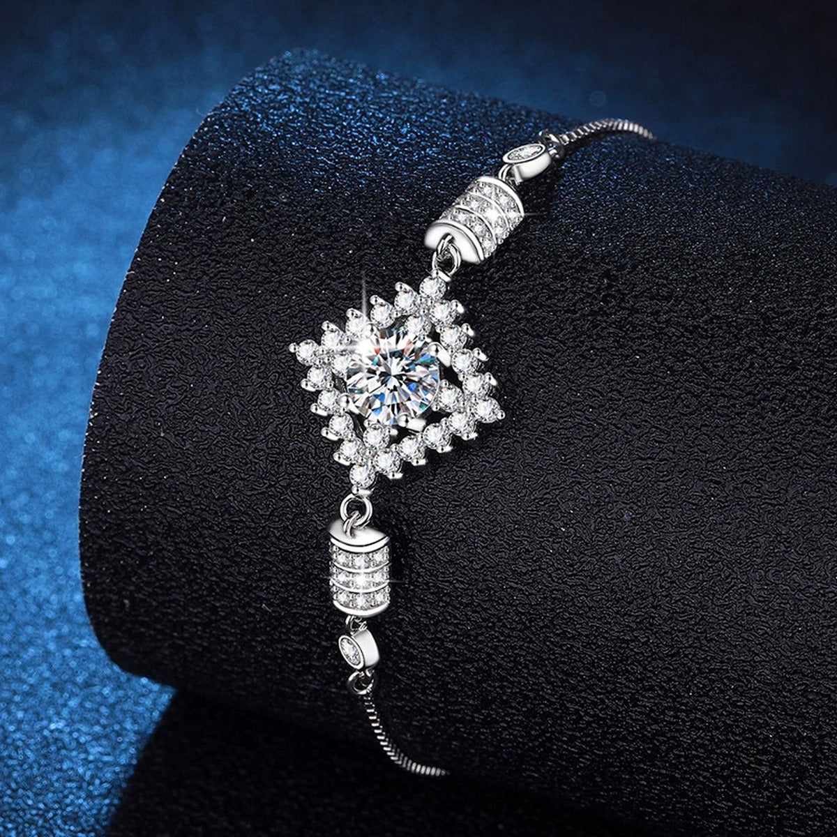 Bow Moissanite Chain Bracelet with CZ in White Gold-Plated S925 Sterling Silver blue display scene showing bracelet sparkle and chain detail