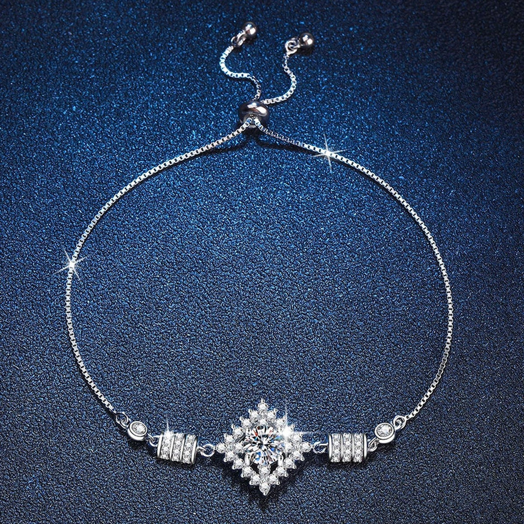 Bow Moissanite Chain Bracelet with CZ in White Gold-Plated S925 Sterling Silver blue display scene showing bracelet sparkle and chain detail