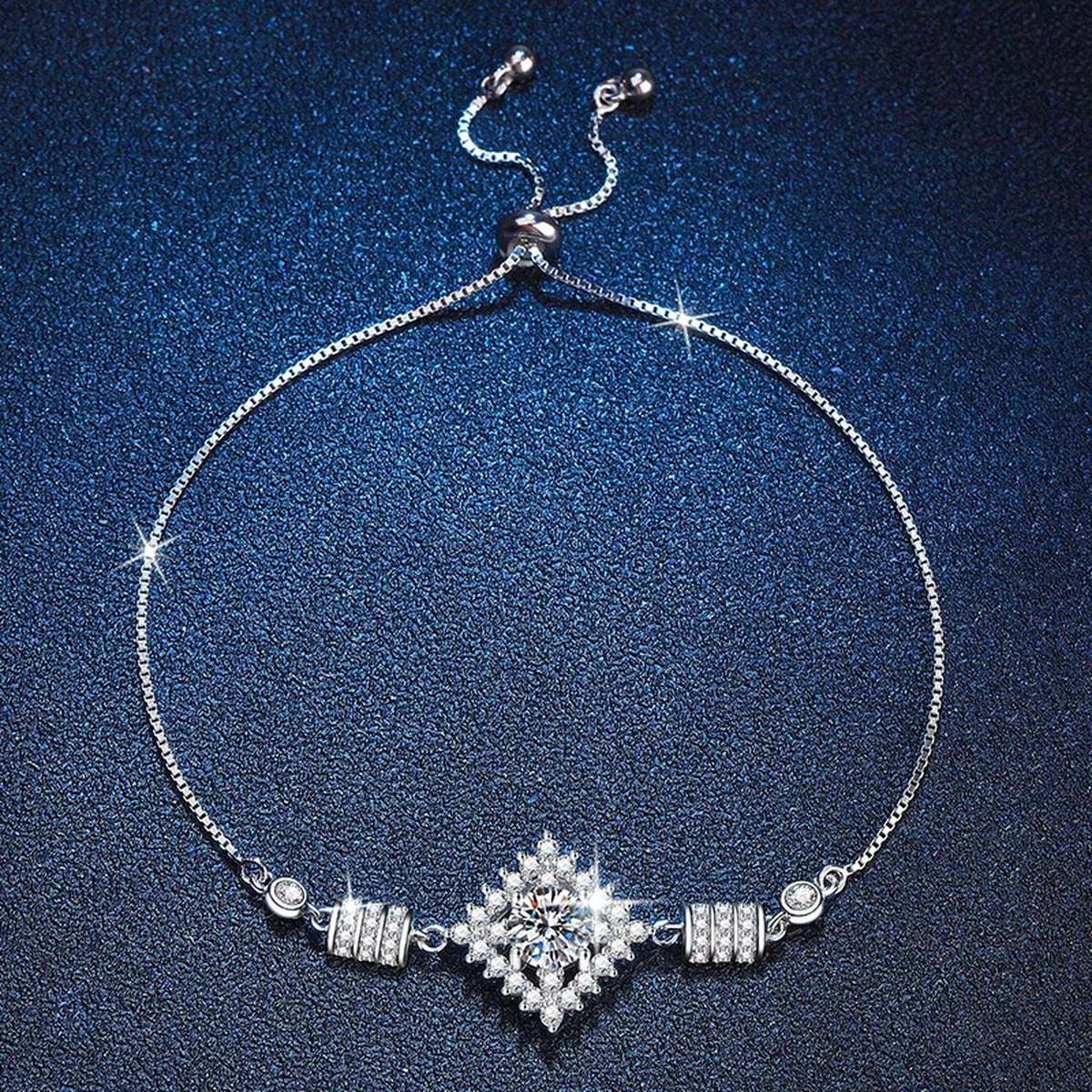 Bow Moissanite Chain Bracelet with CZ in White Gold-Plated S925 Sterling Silver blue display scene showing bracelet sparkle and chain detail