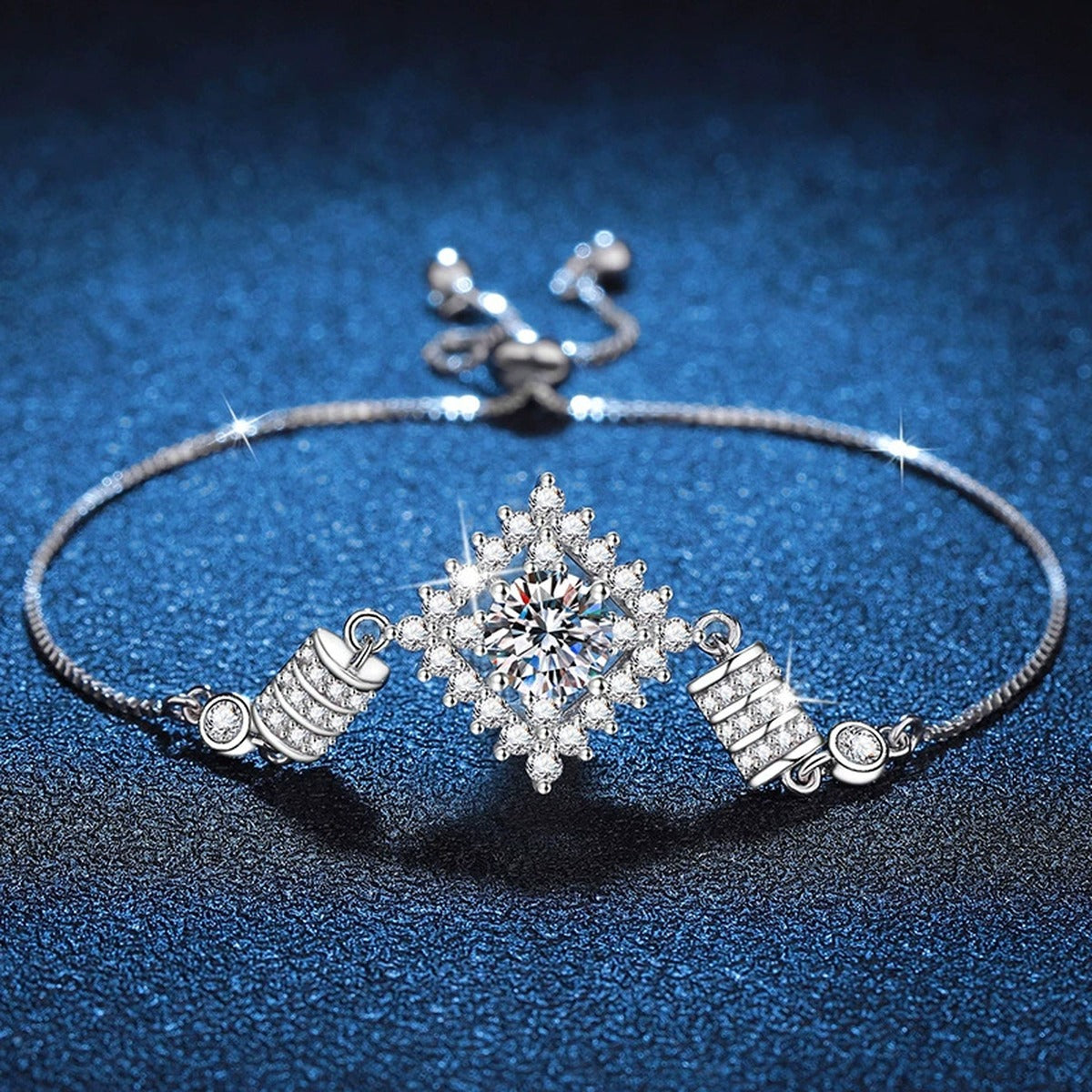 Bow Moissanite Chain Bracelet with CZ in White Gold-Plated S925 Sterling Silver blue display scene showing bracelet sparkle and chain detail