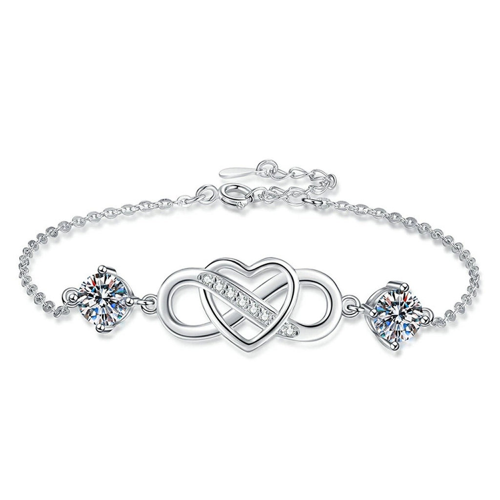 Infinity Heart Moissanite Chain Bracelet with CZ in White Gold-Plated S925 Sterling Silver white background product photo