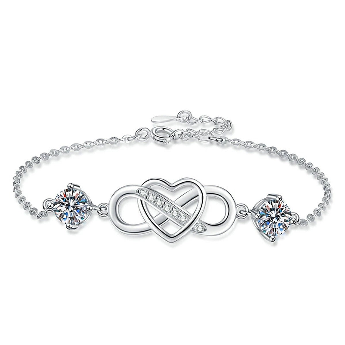 Infinity Heart Moissanite Chain Bracelet with CZ in White Gold-Plated S925 Sterling Silver white background product photo