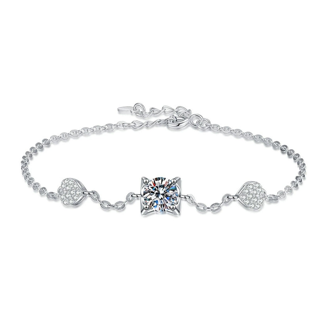 Floral Moissanite Chain Bracelet with CZ in White Gold-Plated S925 Sterling Silver white background product photo