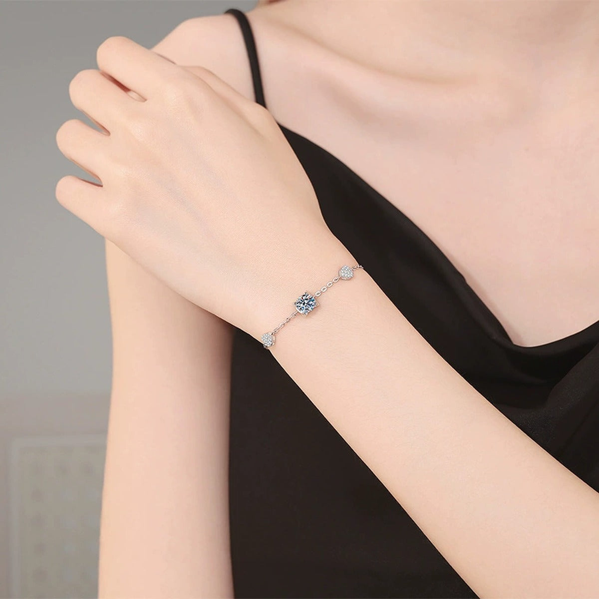 Floral Moissanite Chain Bracelet with CZ in White Gold-Plated S925 Sterling Silver worn on wrist model view showing scale and fit