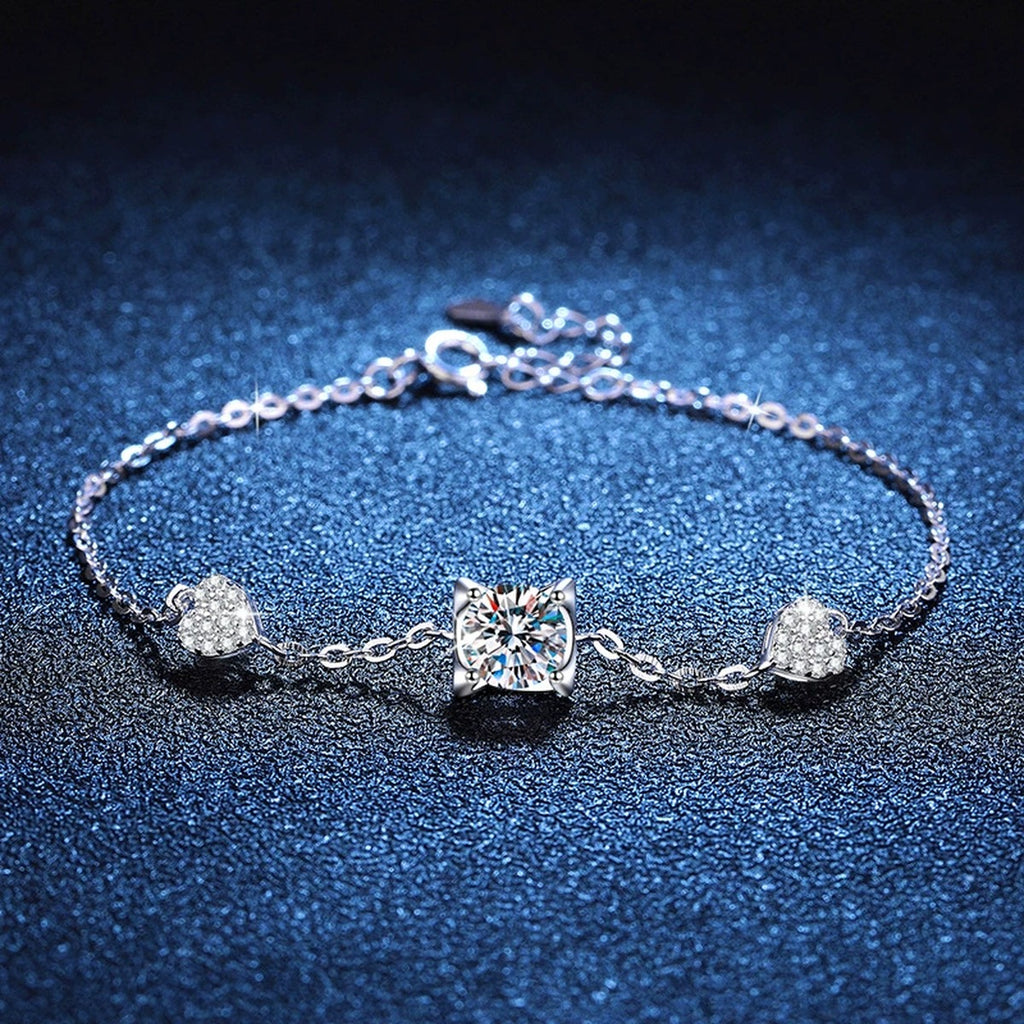 Floral Moissanite Chain Bracelet with CZ in White Gold-Plated S925 Sterling Silver blue display scene showing bracelet sparkle and chain detail