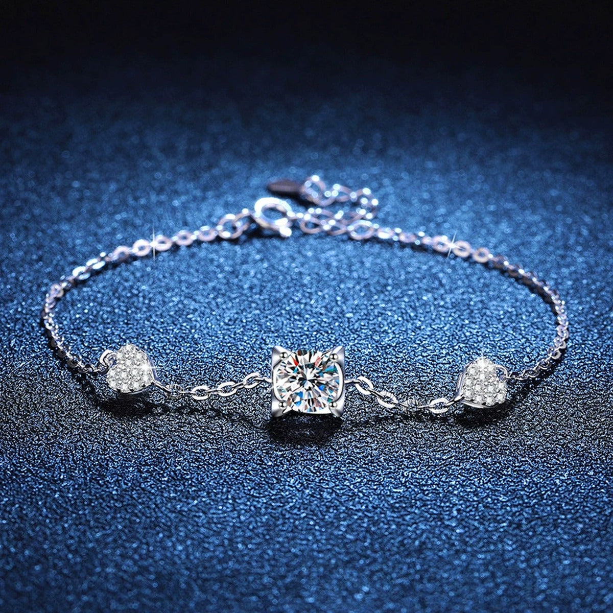 Floral Moissanite Chain Bracelet with CZ in White Gold-Plated S925 Sterling Silver blue display scene showing bracelet sparkle and chain detail
