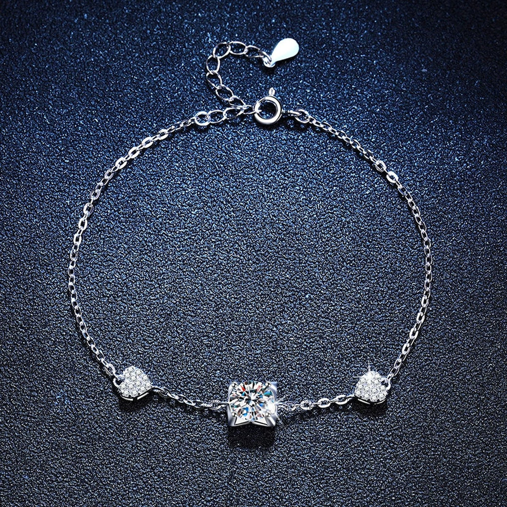Floral Moissanite Chain Bracelet with CZ in White Gold-Plated S925 Sterling Silver blue display scene showing bracelet sparkle and chain detail