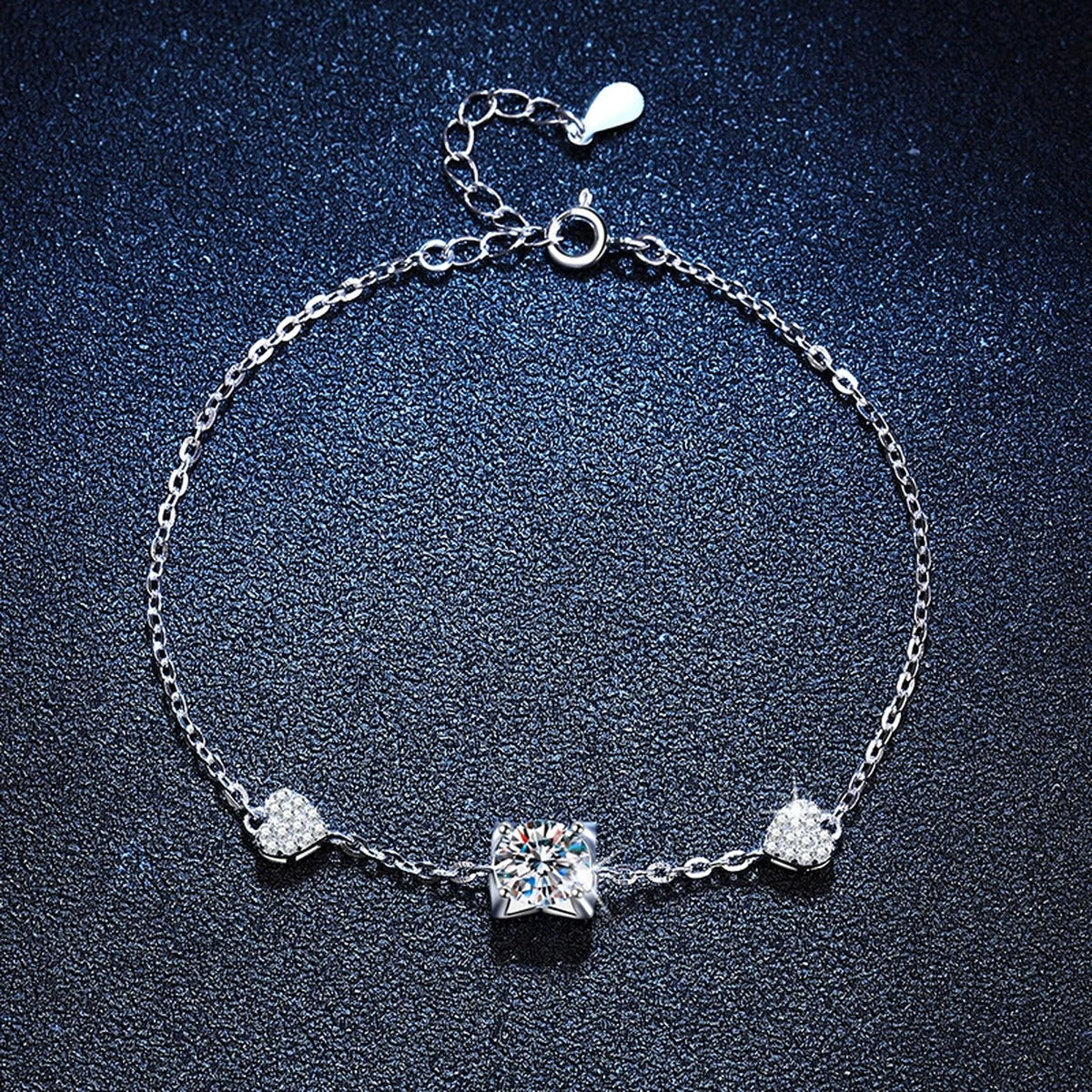 Floral Moissanite Chain Bracelet with CZ in White Gold-Plated S925 Sterling Silver blue display scene showing bracelet sparkle and chain detail
