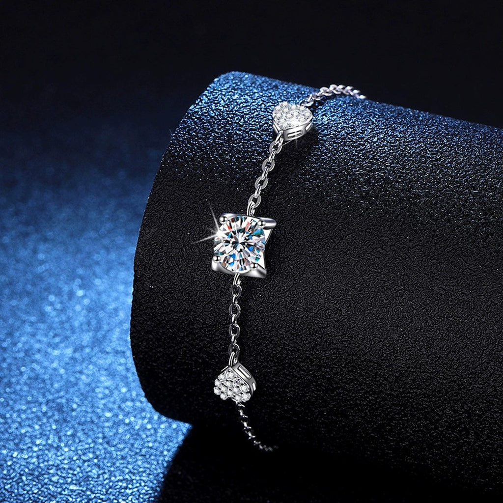 Floral Moissanite Chain Bracelet with CZ in White Gold-Plated S925 Sterling Silver blue display scene showing bracelet sparkle and chain detail