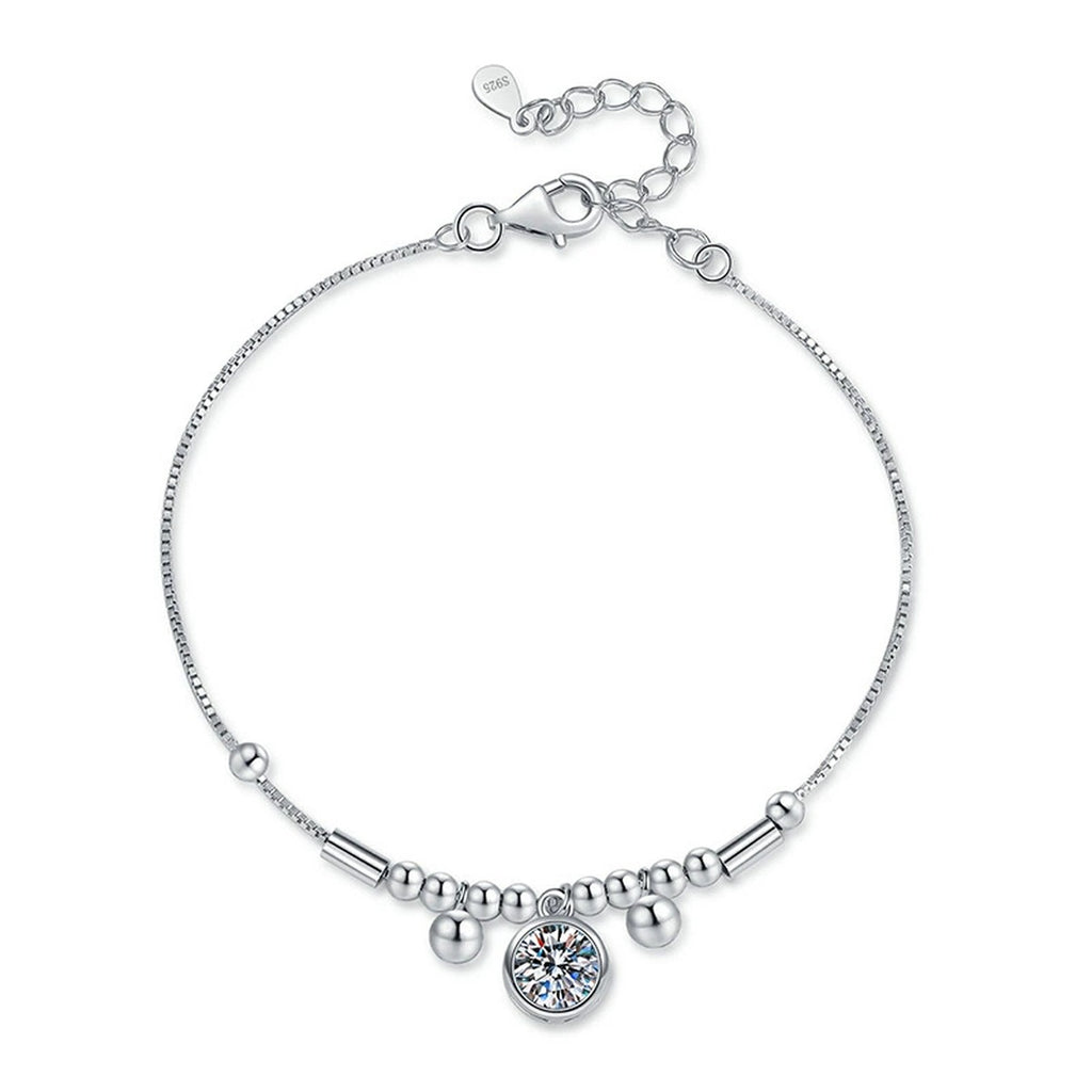 Round Moissanite Charm Bracelet in White Gold-Plated S925 Sterling Silver white background product photo