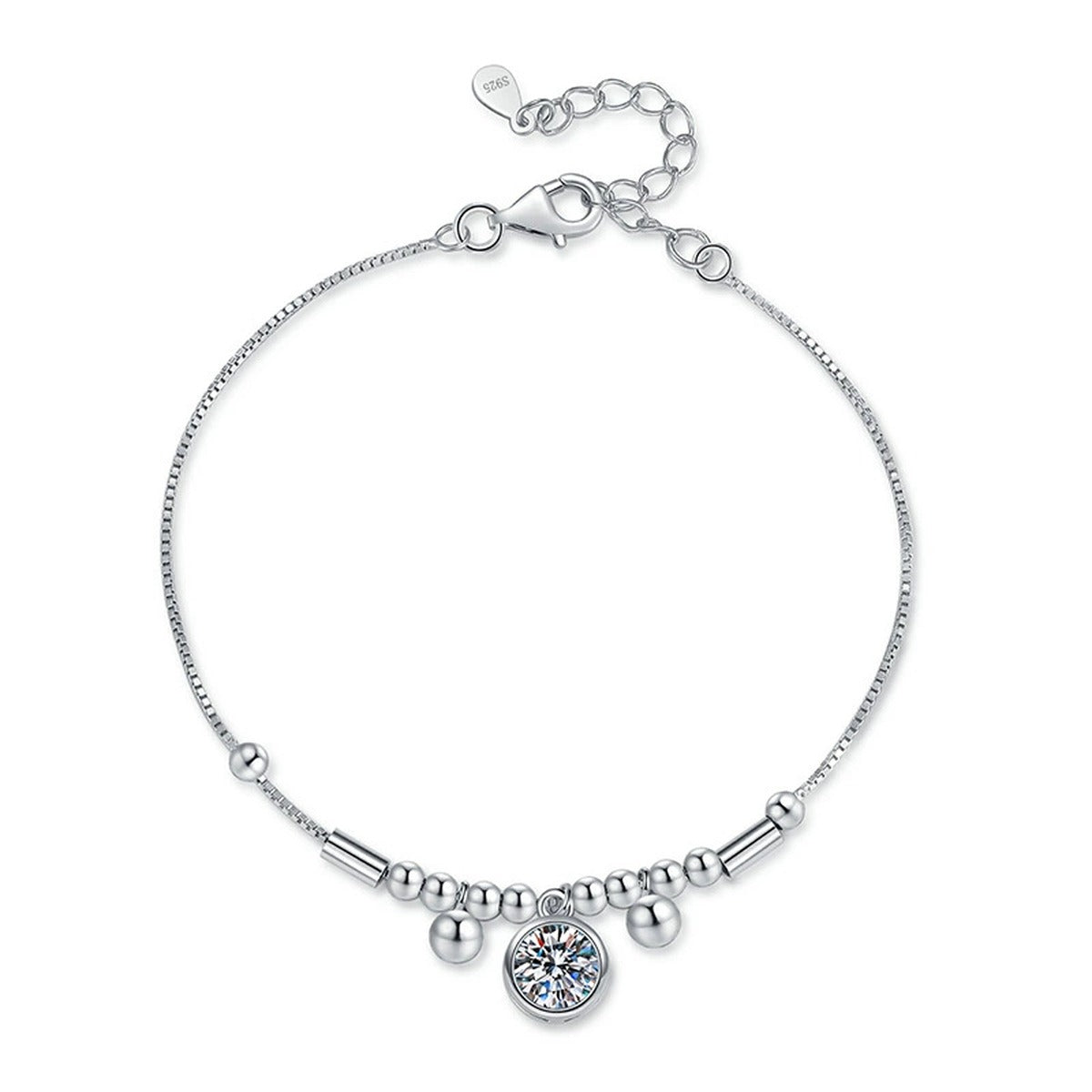 Round Moissanite Charm Bracelet in White Gold-Plated S925 Sterling Silver white background product photo