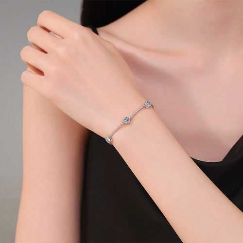 Bar Moissanite Chain Bracelet in White Gold-Plated S925 Sterling Silver worn on wrist model view showing scale and fit