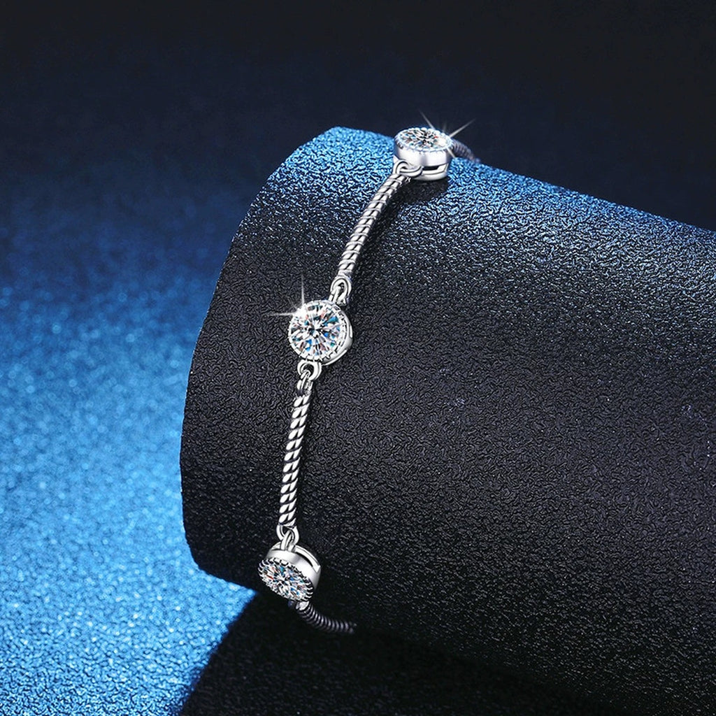 Bar Moissanite Chain Bracelet in White Gold-Plated S925 Sterling Silver blue display scene showing bracelet sparkle and chain detail