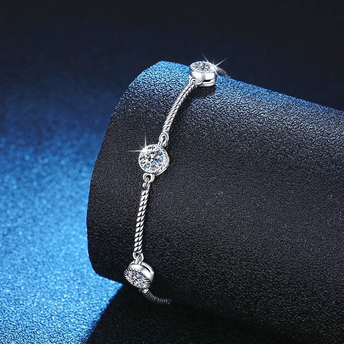 Bar Moissanite Chain Bracelet in White Gold-Plated S925 Sterling Silver blue display scene showing bracelet sparkle and chain detail