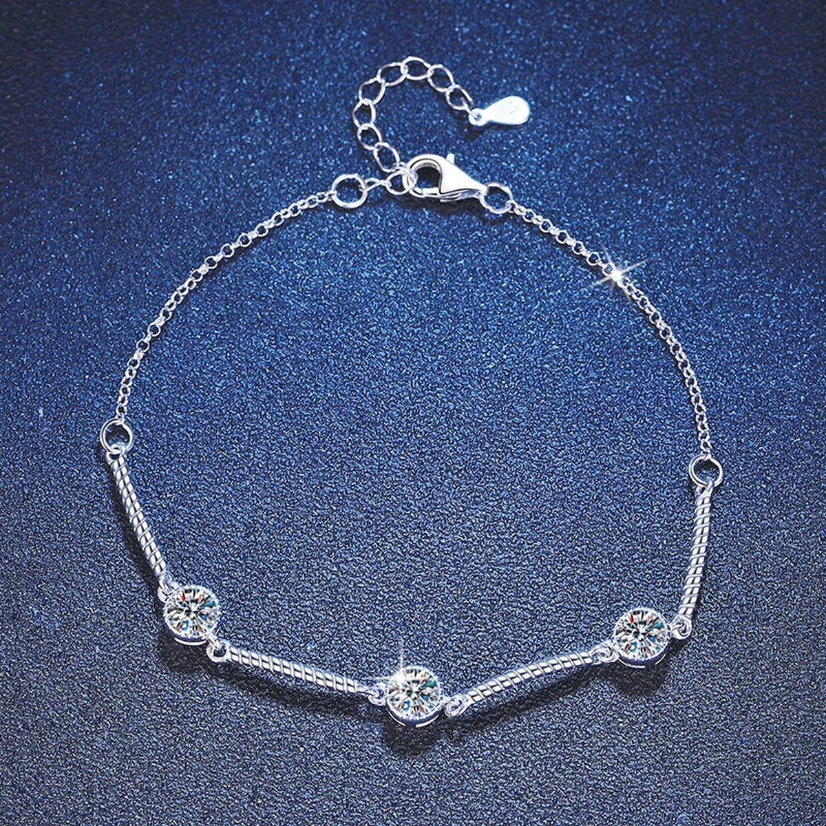 Bar Moissanite Chain Bracelet in White Gold-Plated S925 Sterling Silver blue display scene showing bracelet sparkle and chain detail