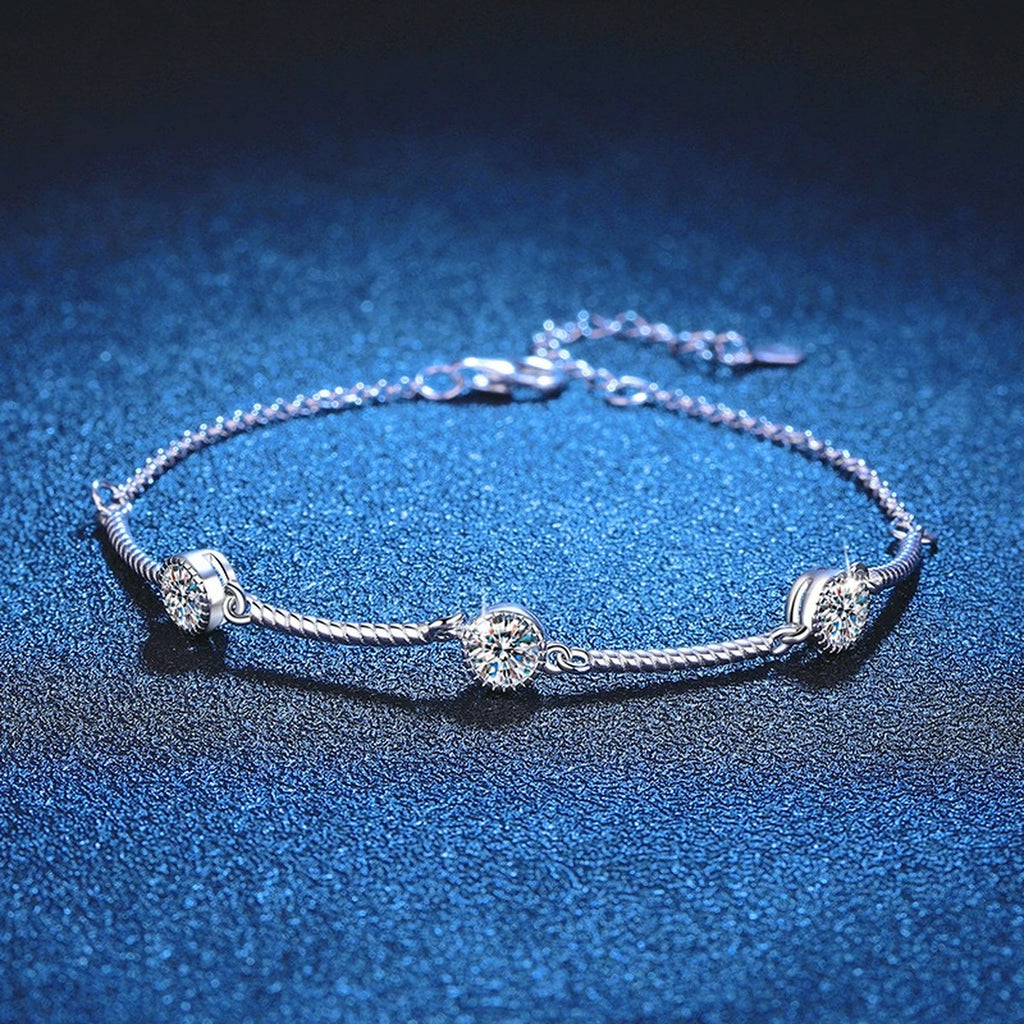 Bar Moissanite Chain Bracelet in White Gold-Plated S925 Sterling Silver blue display scene showing bracelet sparkle and chain detail