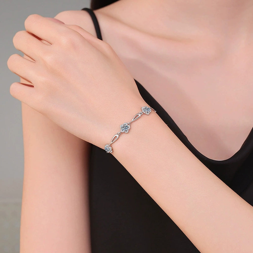 Round Moissanite Chain Bracelet with CZ in White Gold-Plated S925 Sterling Silver worn on wrist model view showing scale and fit