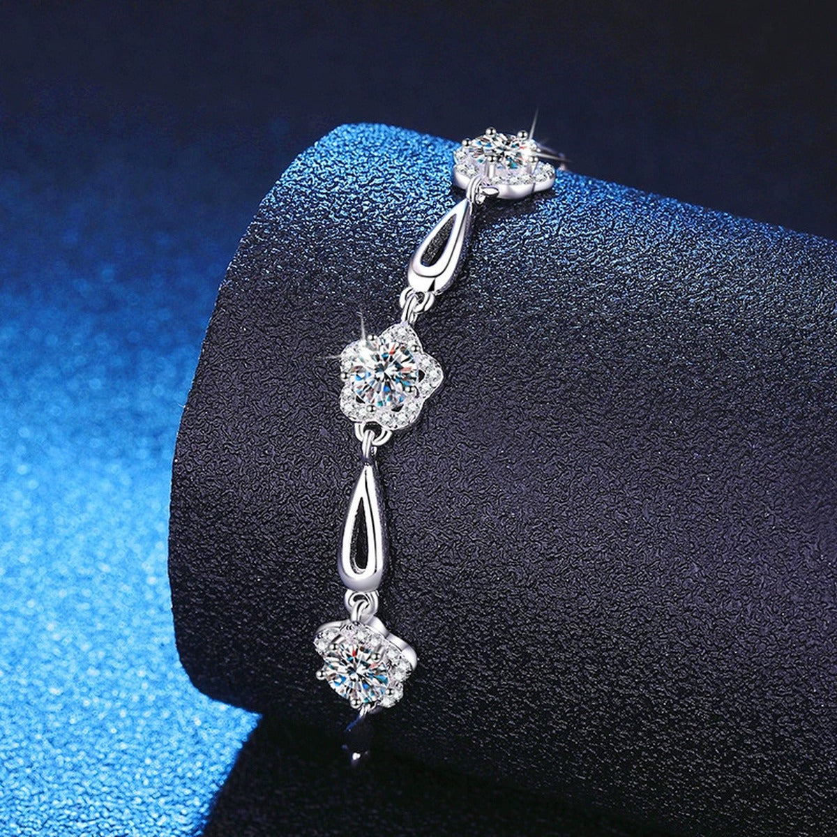 Round Moissanite Chain Bracelet with CZ in White Gold-Plated S925 Sterling Silver blue display scene showing bracelet sparkle and chain detail