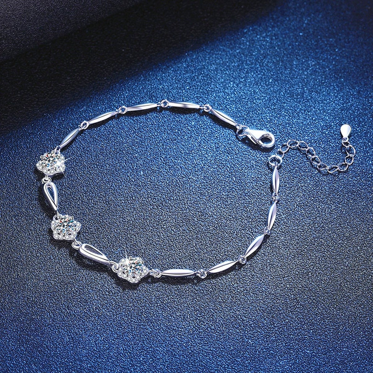 Round Moissanite Chain Bracelet with CZ in White Gold-Plated S925 Sterling Silver blue display scene showing bracelet sparkle and chain detail