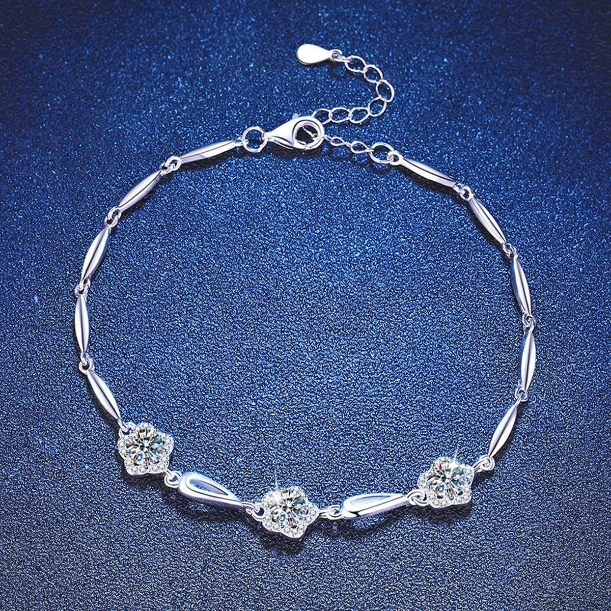 Round Moissanite Chain Bracelet with CZ in White Gold-Plated S925 Sterling Silver blue display scene showing bracelet sparkle and chain detail