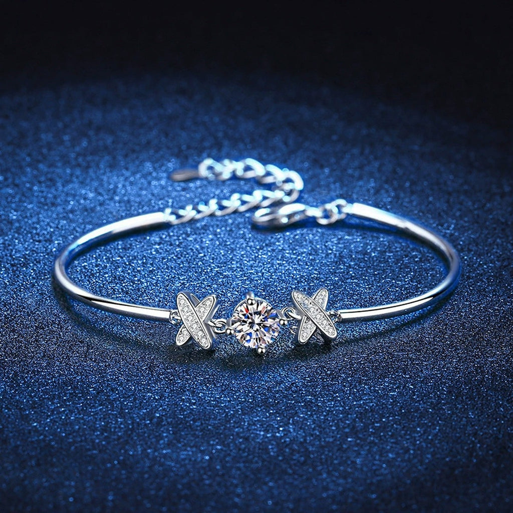 Star Moissanite Chain Bracelet with CZ in White Gold-Plated S925 Sterling Silver blue display scene showing bracelet sparkle and chain detail