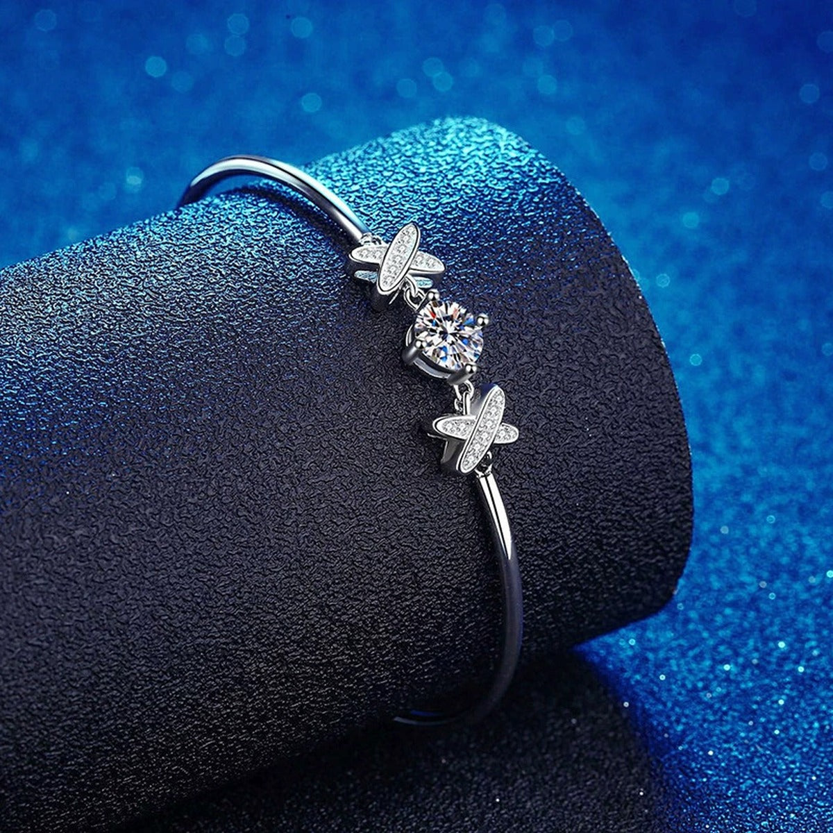 Star Moissanite Chain Bracelet with CZ in White Gold-Plated S925 Sterling Silver blue display scene showing bracelet sparkle and chain detail