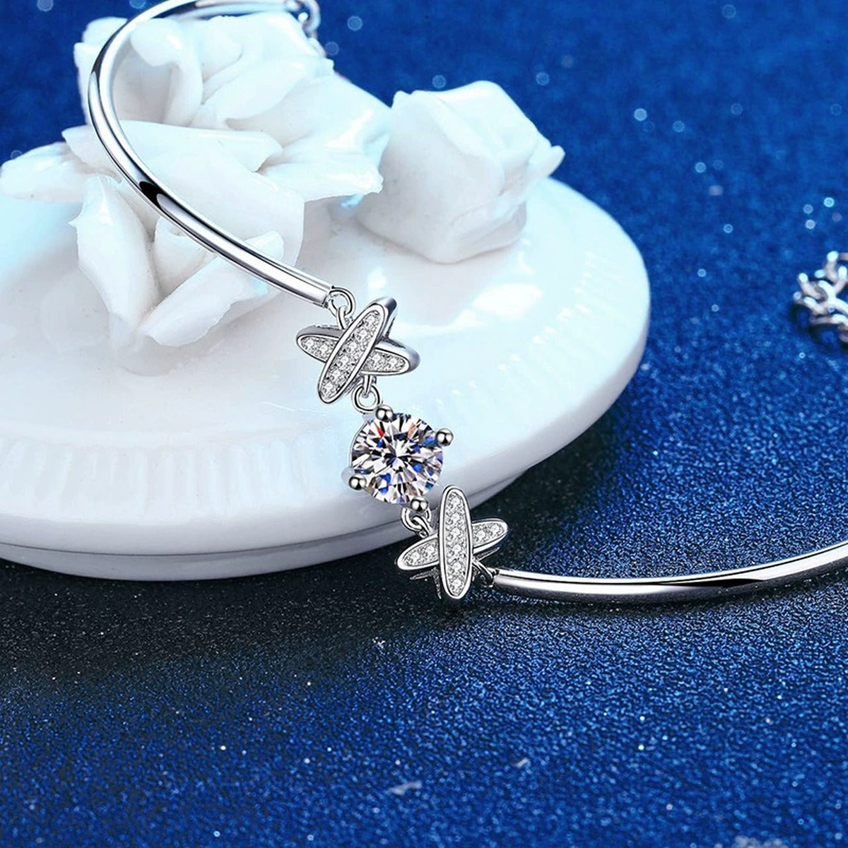 Star Moissanite Chain Bracelet with CZ in White Gold-Plated S925 Sterling Silver blue display scene showing bracelet sparkle and chain detail