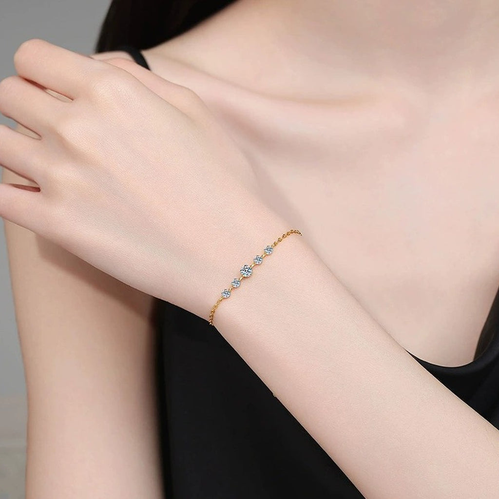 Moissanite Beaded Chain Bracelet in Gold-Plated S925 Sterling Silver worn on wrist model view showing scale and fit