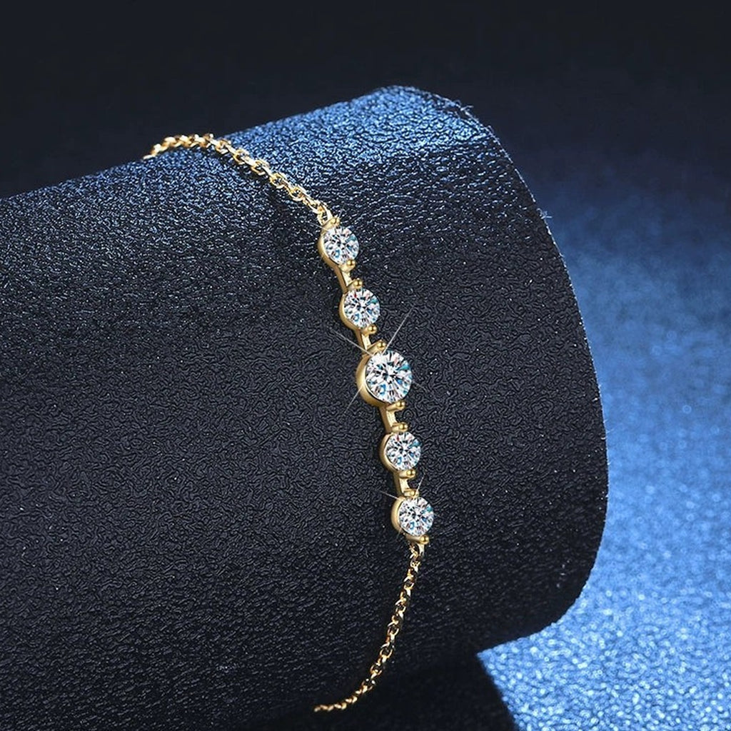 Moissanite Beaded Chain Bracelet in Gold-Plated S925 Sterling Silver blue display scene showing bracelet sparkle and chain detail