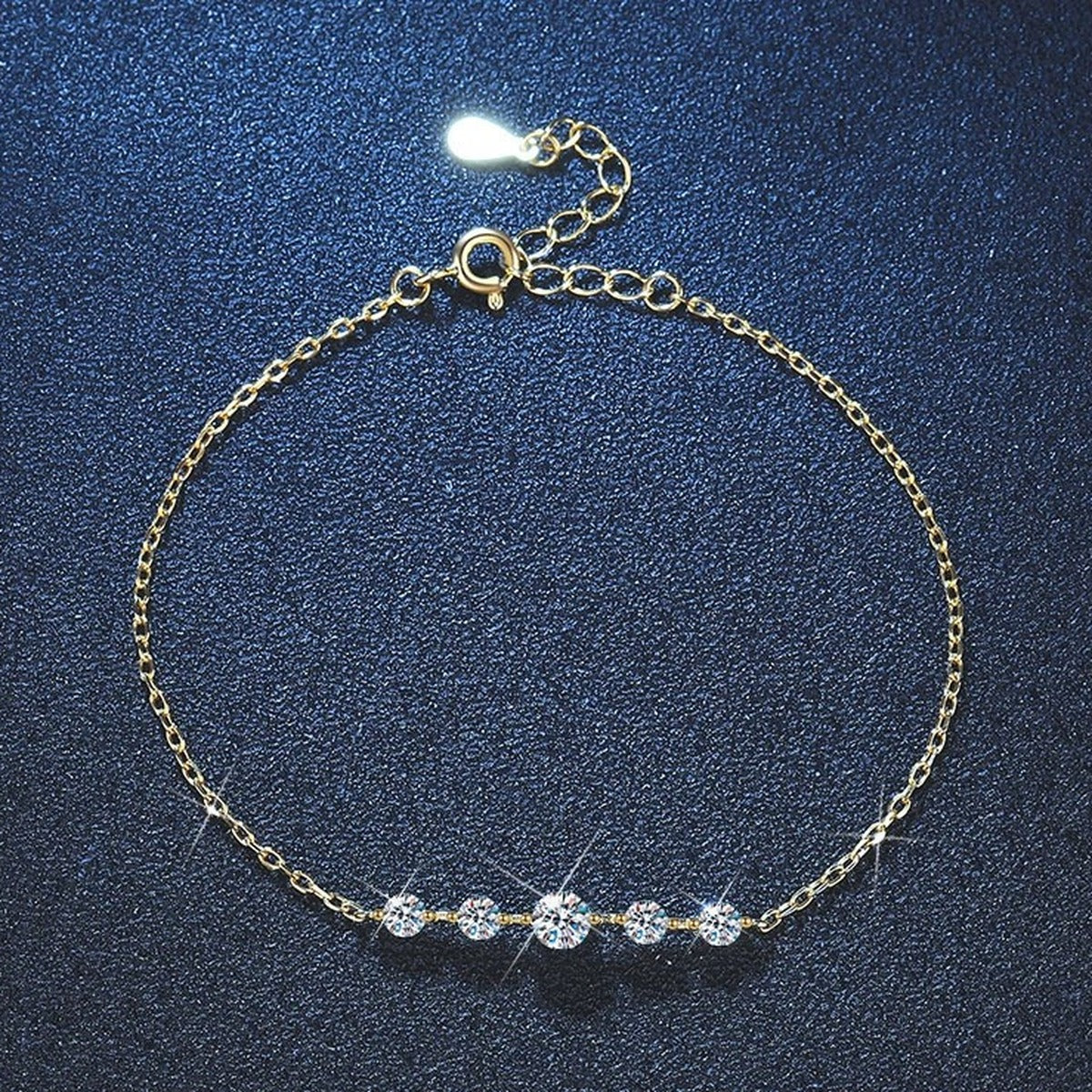 Moissanite Beaded Chain Bracelet in Gold-Plated S925 Sterling Silver blue display scene showing bracelet sparkle and chain detail