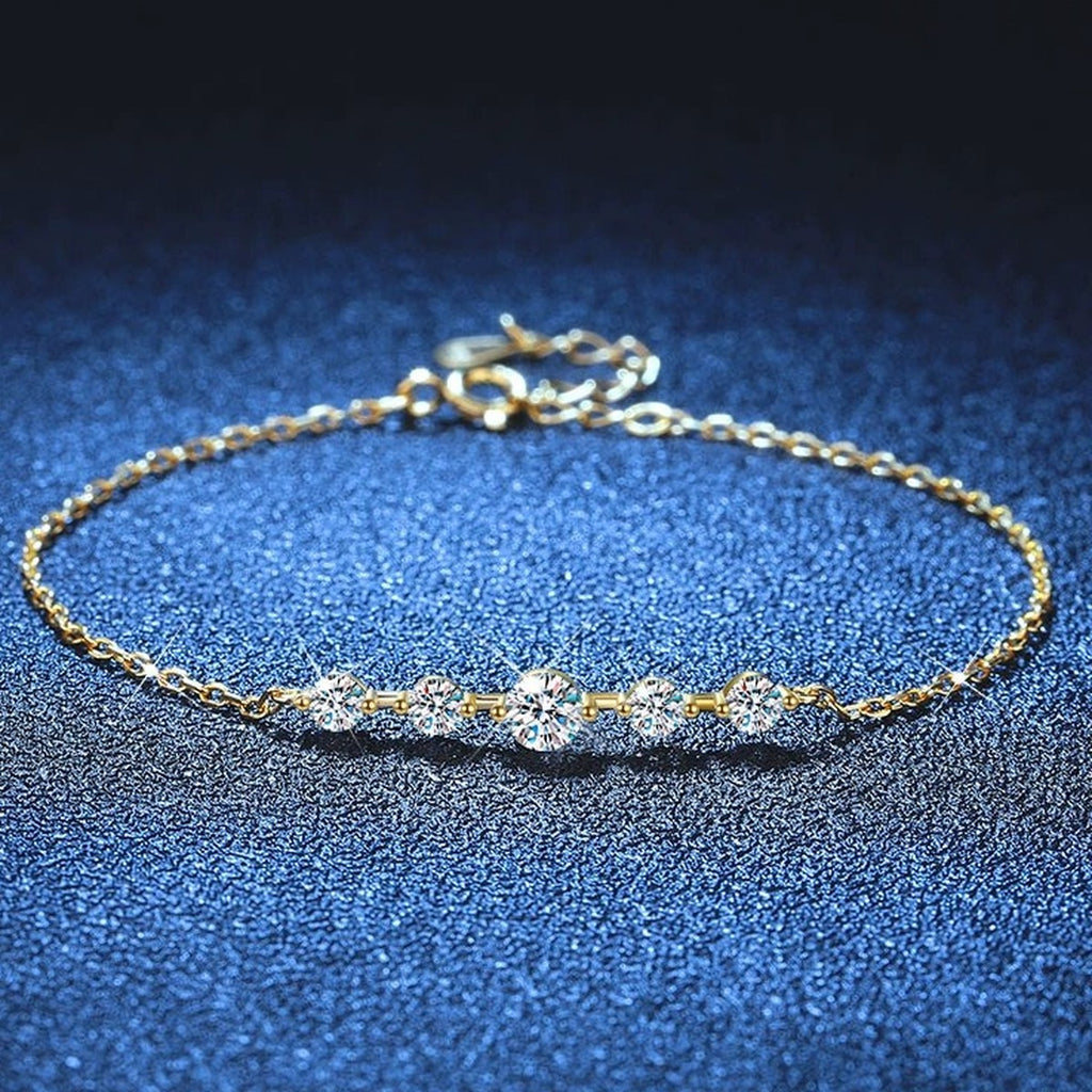 Moissanite Beaded Chain Bracelet in Gold-Plated S925 Sterling Silver blue display scene showing bracelet sparkle and chain detail