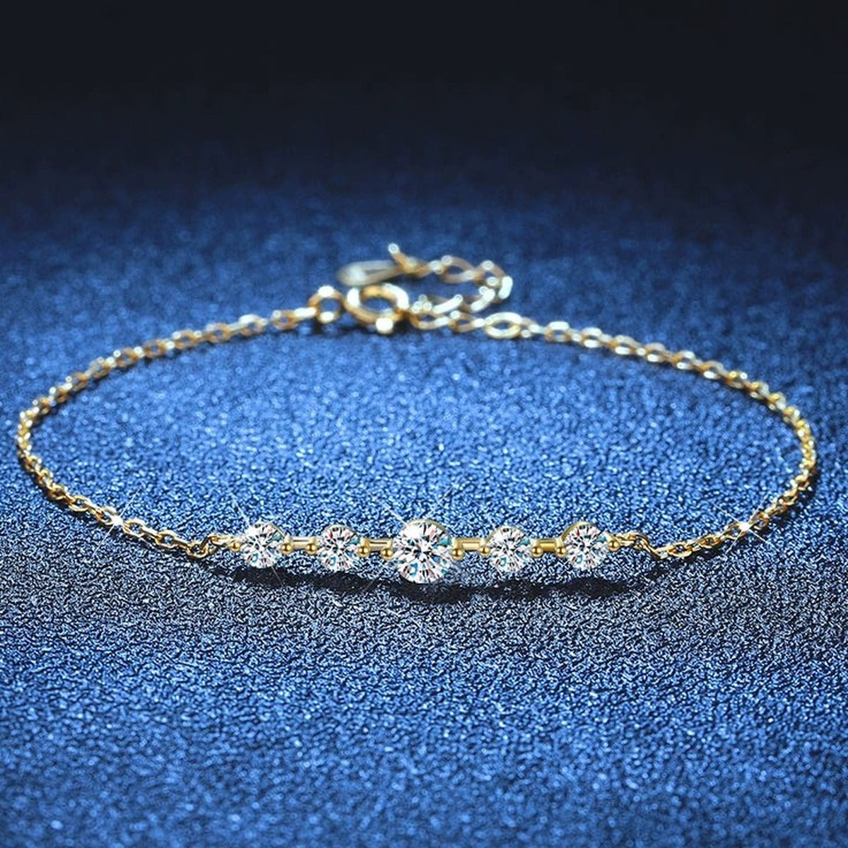 Moissanite Beaded Chain Bracelet in Gold-Plated S925 Sterling Silver blue display scene showing bracelet sparkle and chain detail