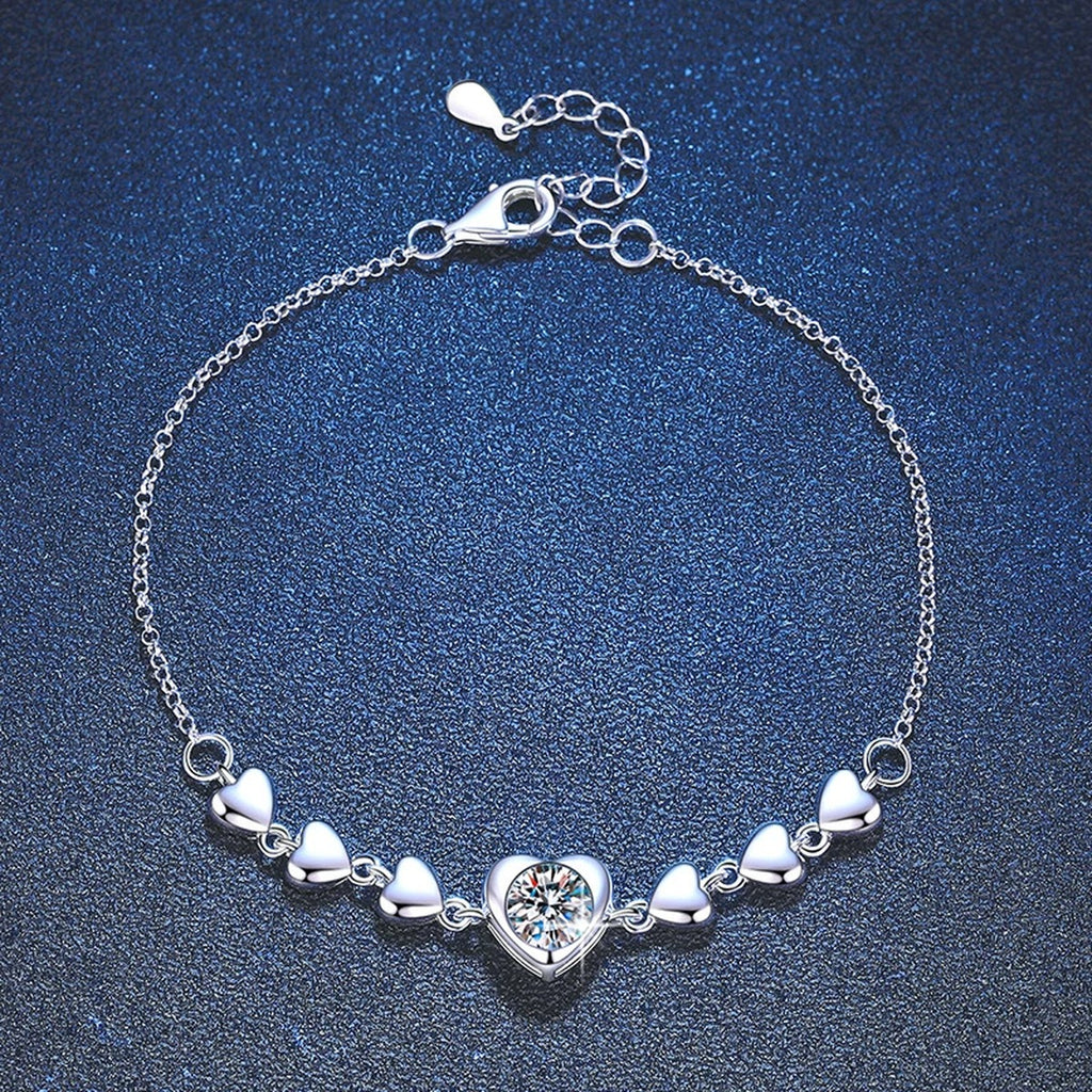 Round Moissanite Chain Bracelet in White Gold-Plated S925 Sterling Silver blue display scene showing bracelet sparkle and chain detail
