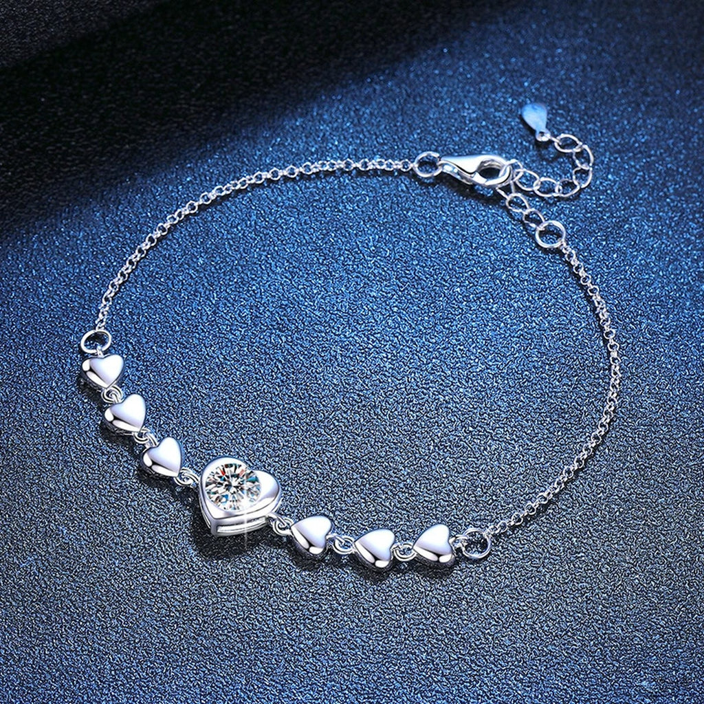 Round Moissanite Chain Bracelet in White Gold-Plated S925 Sterling Silver blue display scene showing bracelet sparkle and chain detail