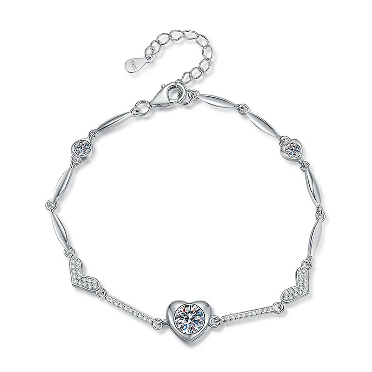 Hexagon Moissanite Chain Bracelet with CZ in White Gold-Plated S925 Sterling Silver white background product photo
