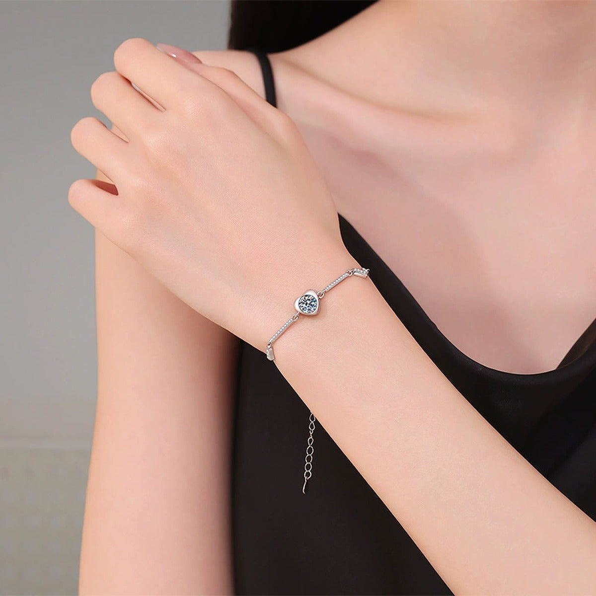 Hexagon Moissanite Chain Bracelet with CZ in White Gold-Plated S925 Sterling Silver worn on wrist model view showing scale and fit