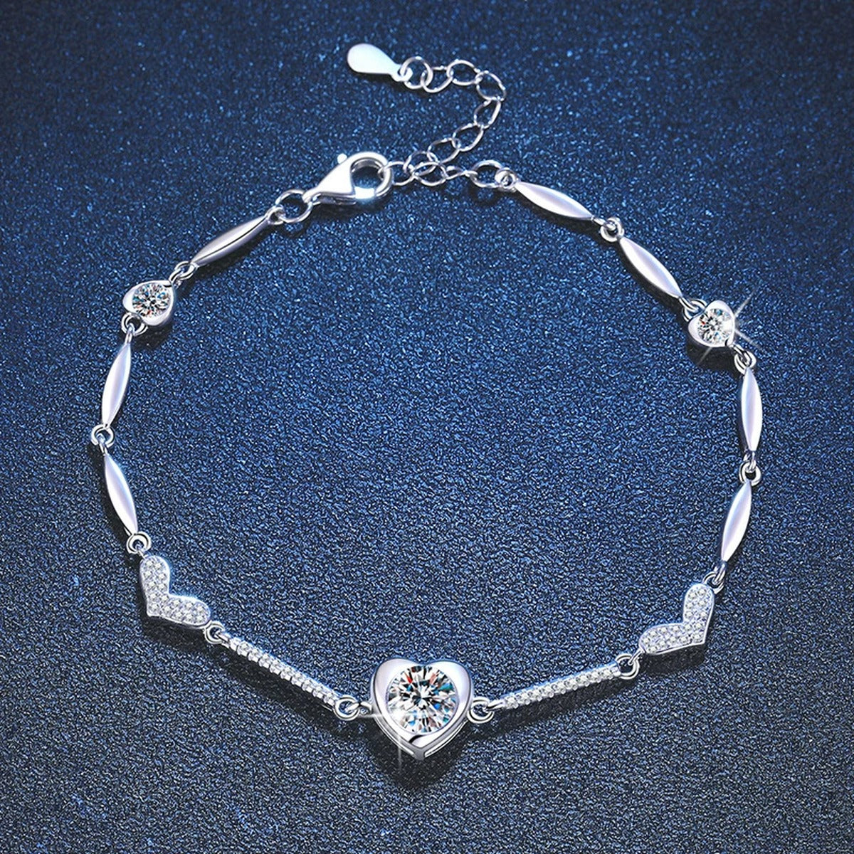 Hexagon Moissanite Chain Bracelet with CZ in White Gold-Plated S925 Sterling Silver blue display scene showing bracelet sparkle and chain detail