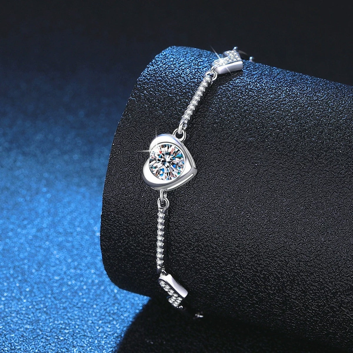 Hexagon Moissanite Chain Bracelet with CZ in White Gold-Plated S925 Sterling Silver blue display scene showing bracelet sparkle and chain detail