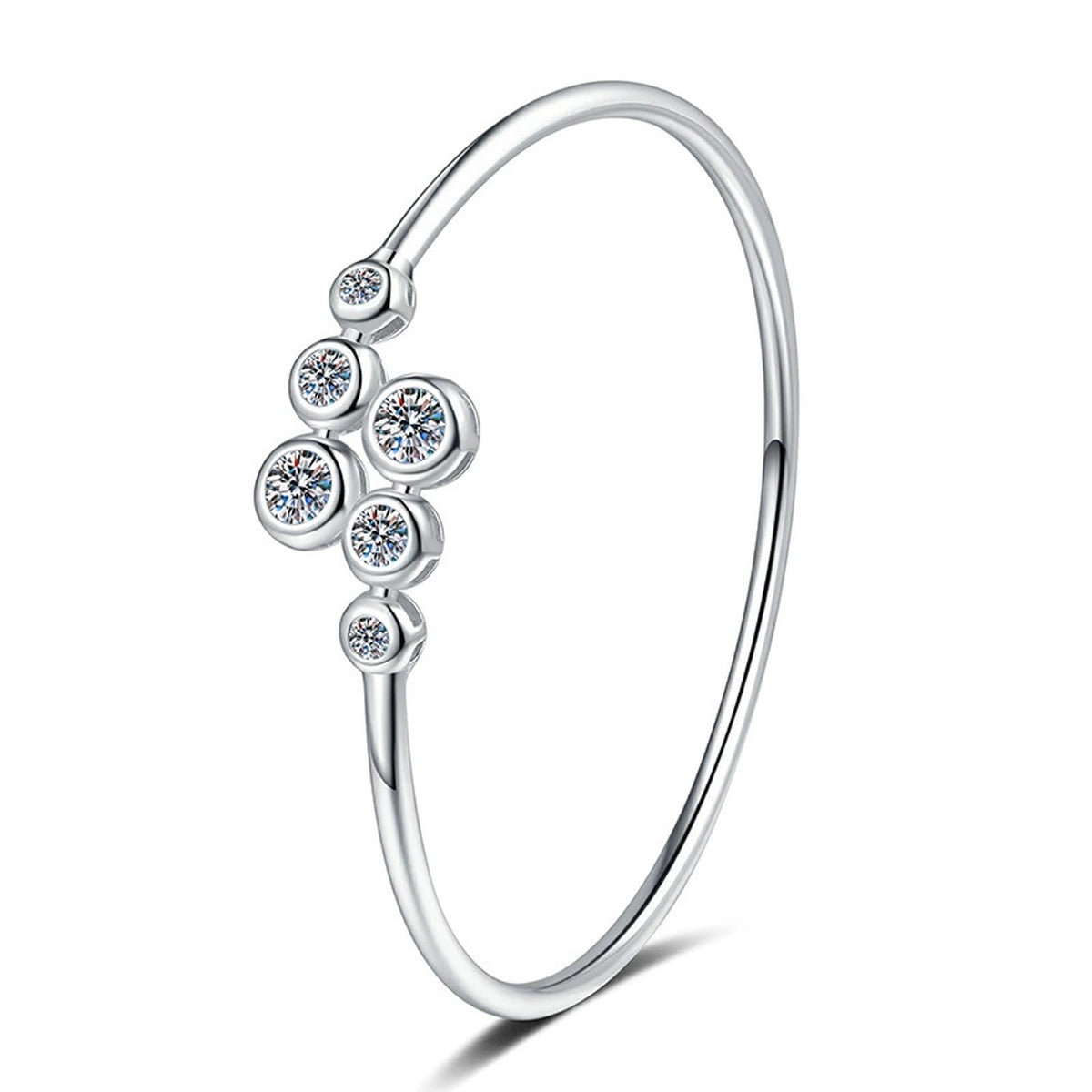 Three-Stone Moissanite Bangle Bracelet in white Gold-Plated S925 Sterling Silver white background product photo