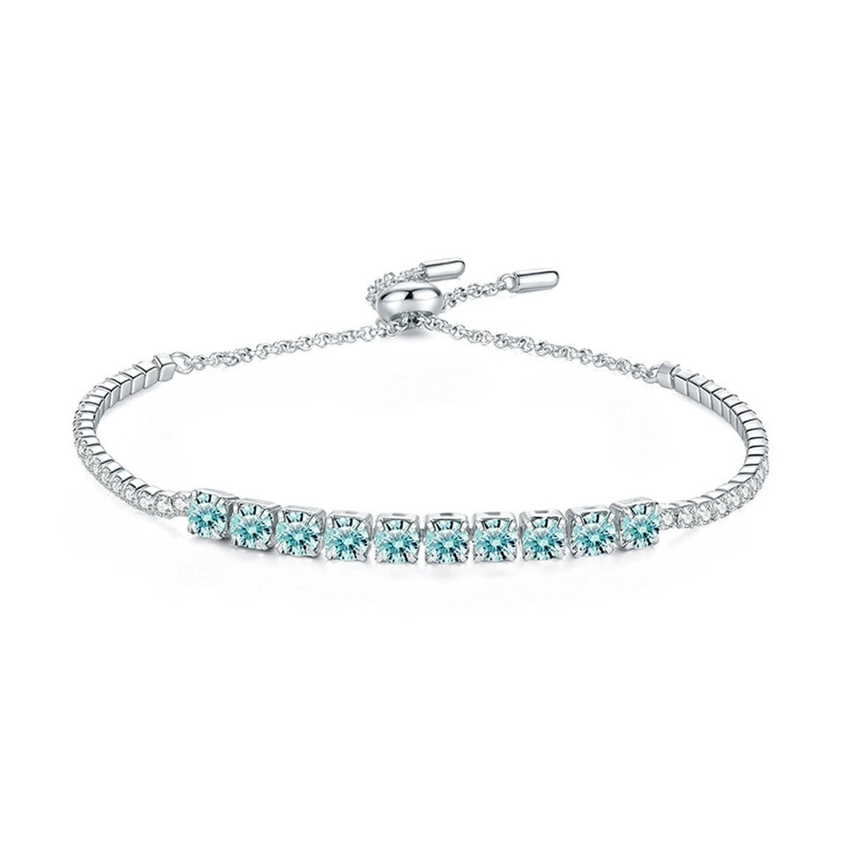 Aqua Moissanite Tennis Bracelet in White Gold-Plated S925 Sterling Silver white background product photo