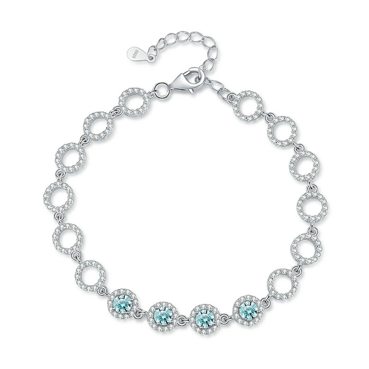 Aqua Moissanite Chain Bracelet with CZ in White Gold-Plated S925 Sterling Silver white background product photo
