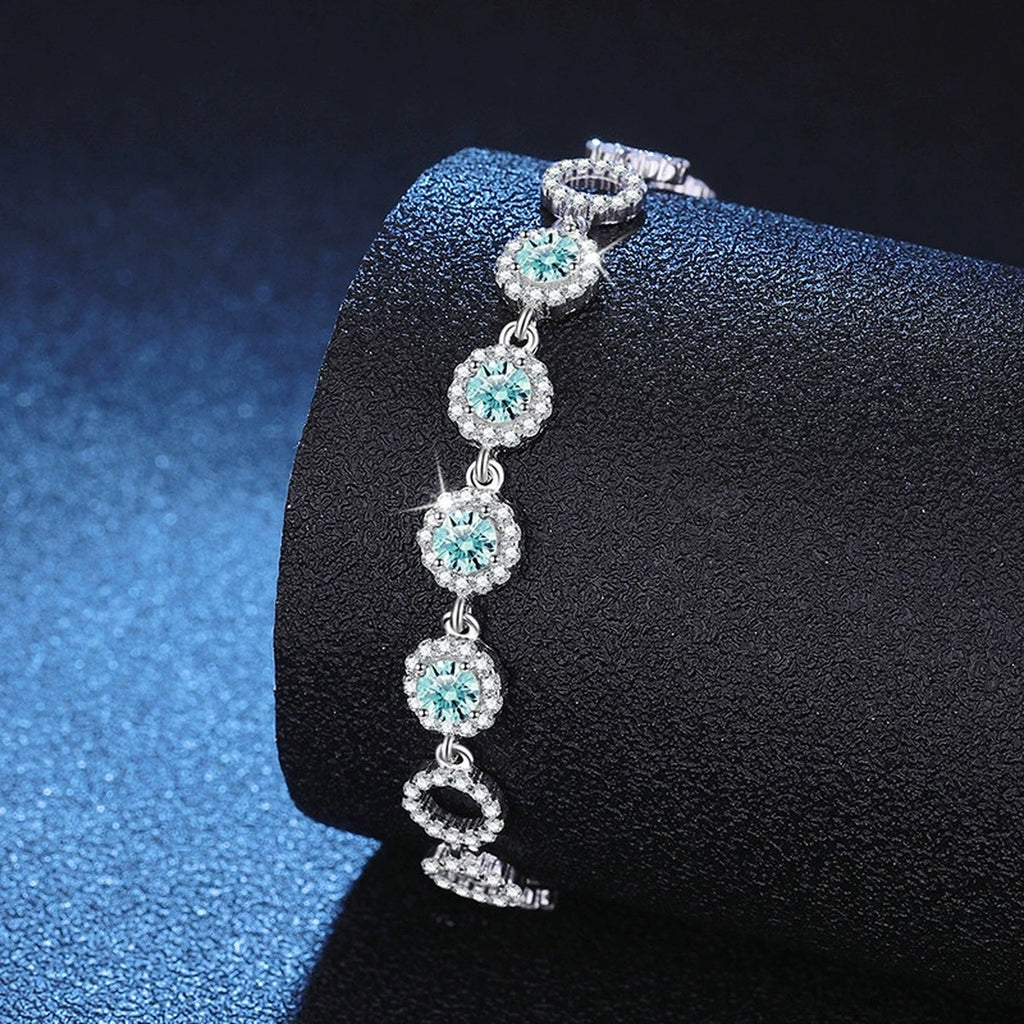 Aqua Moissanite Chain Bracelet with CZ in White Gold-Plated S925 Sterling Silver blue display scene showing bracelet sparkle and chain detail
