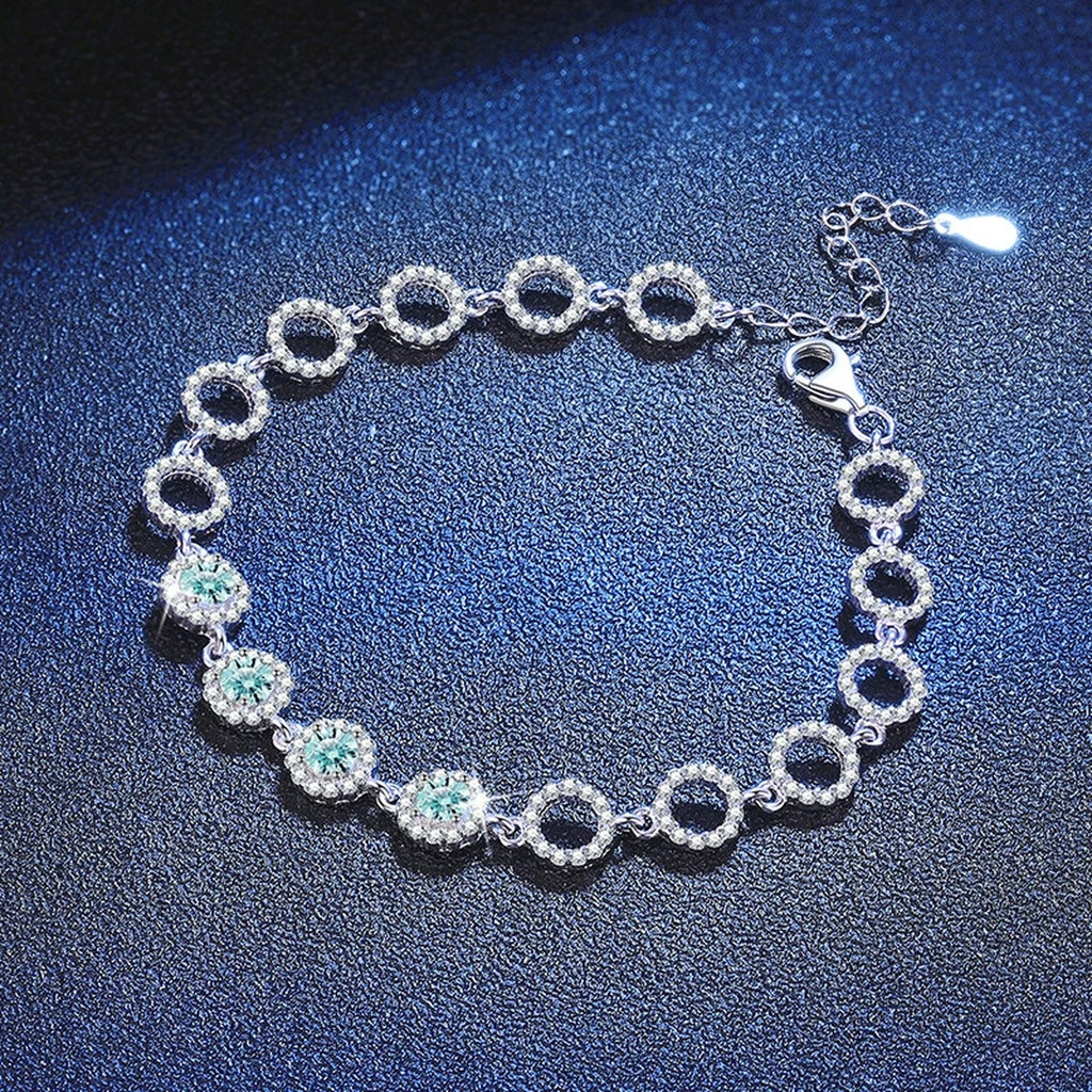 Aqua Moissanite Chain Bracelet with CZ in White Gold-Plated S925 Sterling Silver blue display scene showing bracelet sparkle and chain detail