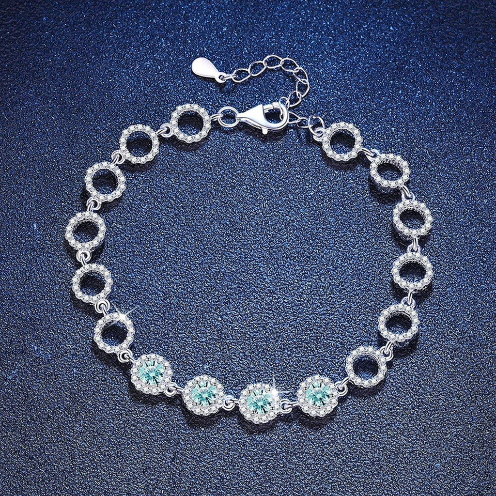 Aqua Moissanite Chain Bracelet with CZ in White Gold-Plated S925 Sterling Silver blue display scene showing bracelet sparkle and chain detail