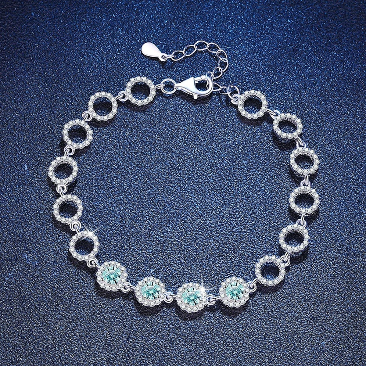 Aqua Moissanite Chain Bracelet with CZ in White Gold-Plated S925 Sterling Silver blue display scene showing bracelet sparkle and chain detail