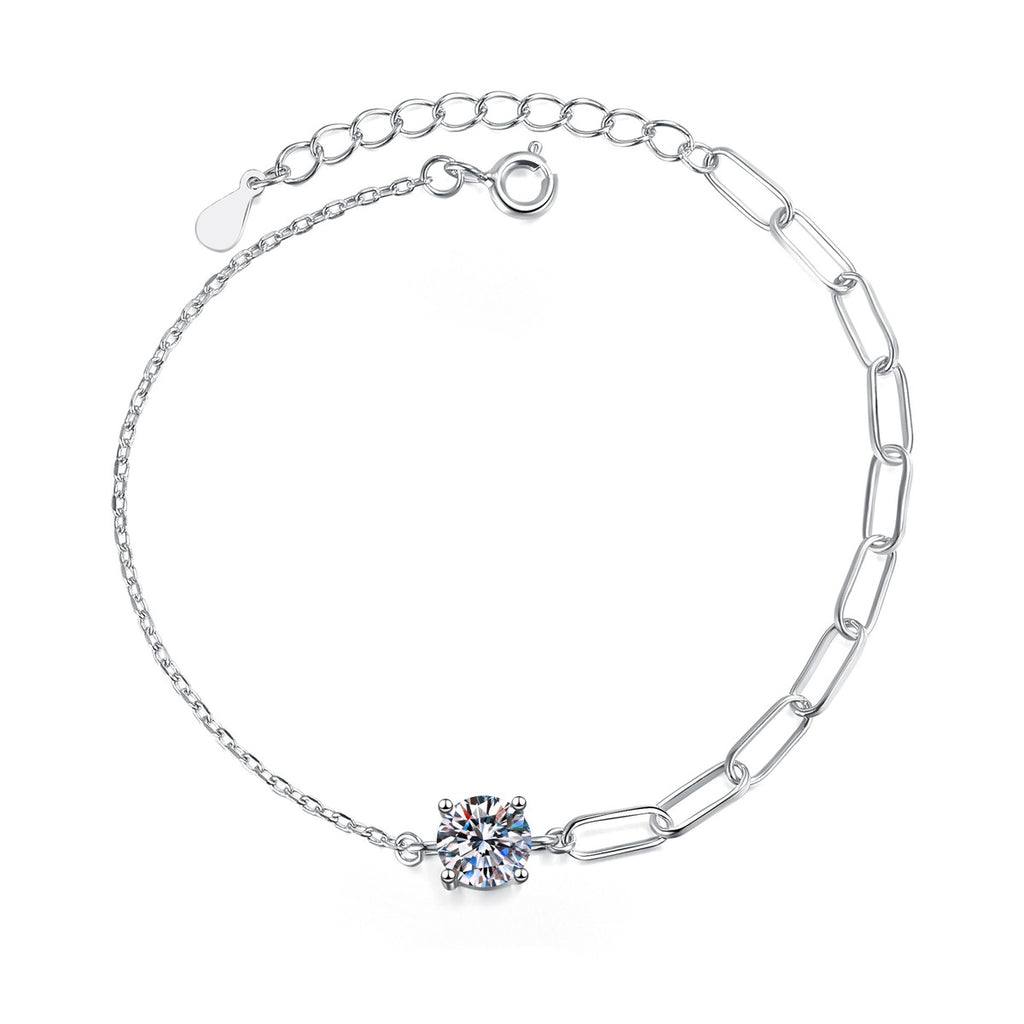 Round Moissanite Chain Bracelet in White Gold-Plated S925 Sterling Silver white background product photo