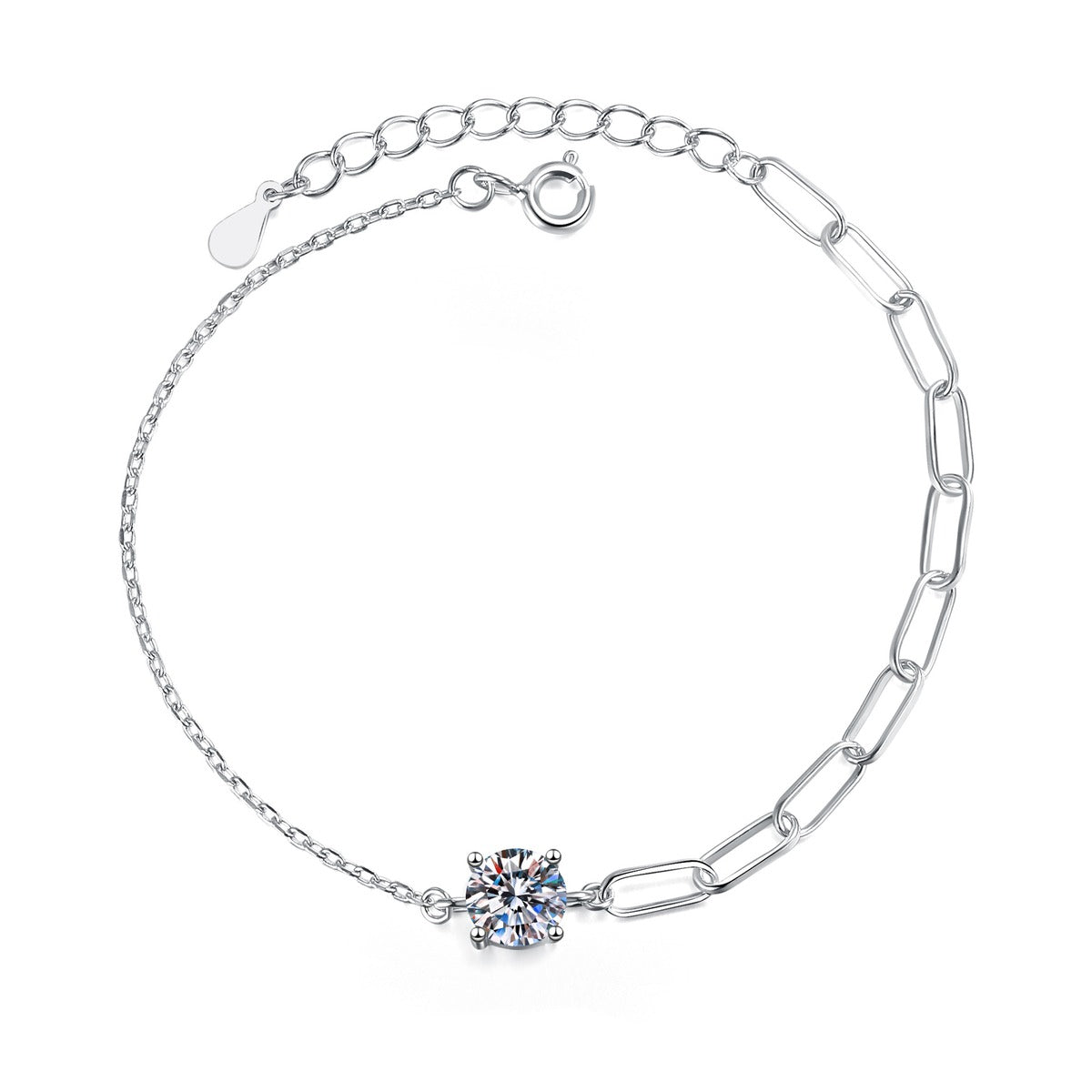 Round Moissanite Chain Bracelet in White Gold-Plated S925 Sterling Silver white background product photo